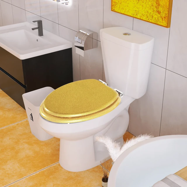 Alt view image 7 of 7 - Glitter Toilet Seat, Slow Close (Elongated, Yellow) Molded Wood Elongated Toilet Seat, Quiet Close, Quick Release Hinges, Easy to Install and Clean