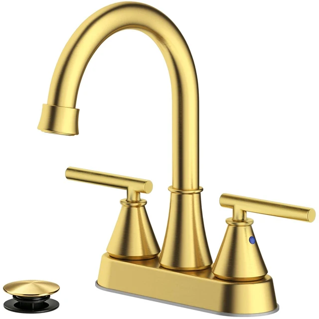 Main image of Bathroom Sink Faucet 4 Inch 2 Handle Centerset Brushed Gold Lead-Free Modern Bathroom Faucet Vanity Faucet with Pop-up Drain Stopper and Supply Hoses