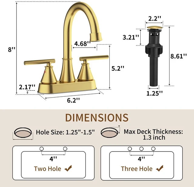 Alt view image 2 of 7 - Bathroom Sink Faucet 4 Inch 2 Handle Centerset Brushed Gold Lead-Free Modern Bathroom Faucet Vanity Faucet with Pop-up Drain Stopper and Supply Hoses