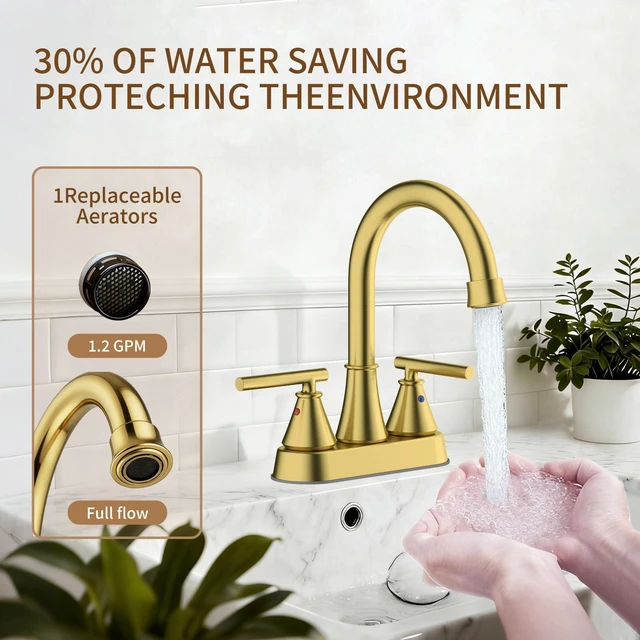 Alt view image 3 of 7 - Bathroom Sink Faucet 4 Inch 2 Handle Centerset Brushed Gold Lead-Free Modern Bathroom Faucet Vanity Faucet with Pop-up Drain Stopper and Supply Hoses