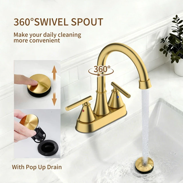Alt view image 4 of 7 - Bathroom Sink Faucet 4 Inch 2 Handle Centerset Brushed Gold Lead-Free Modern Bathroom Faucet Vanity Faucet with Pop-up Drain Stopper and Supply Hoses