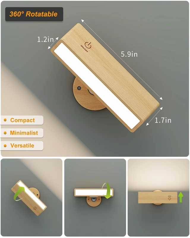 Alt view image 7 of 7 - Battery Operated Wall Sconces Set of 2,Rechargeable Wall Lights Wood,Stick On Wall Lights for Bedroom,Wall Mounted Bedside Reading Lamps Dimmable,Battery Powered Wall Lamp for Bedroom