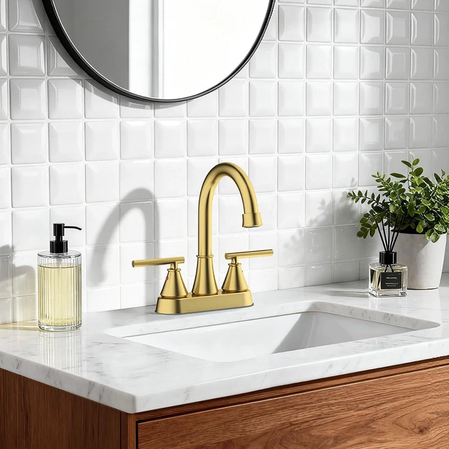 Alt view image 6 of 7 - Bathroom Sink Faucet 4 Inch 2 Handle Centerset Brushed Gold Lead-Free Modern Bathroom Faucet Vanity Faucet with Pop-up Drain Stopper and Supply Hoses