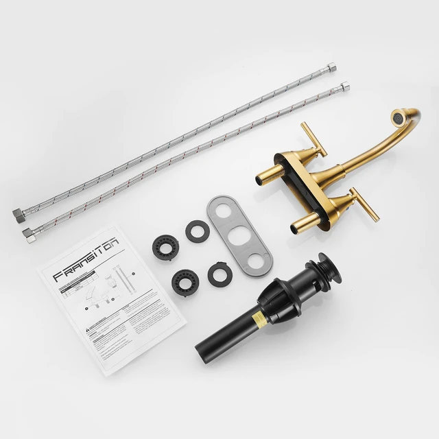 Alt view image 7 of 7 - Bathroom Sink Faucet 4 Inch 2 Handle Centerset Brushed Gold Lead-Free Modern Bathroom Faucet Vanity Faucet with Pop-up Drain Stopper and Supply Hoses