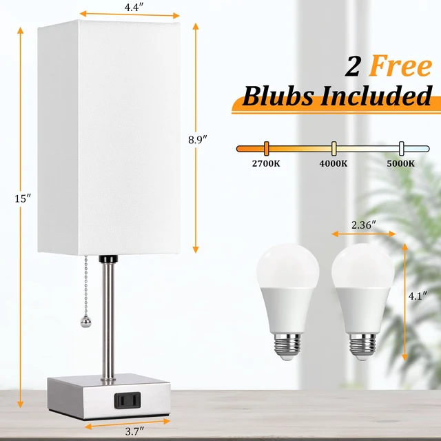 Alt view image 5 of 7 - Touch Control Bedside Lamp, 3 Way Dimmable Nightstand Lamp with 2 USB Ports & AC Outlet, Modern Style, White Fabric Shade