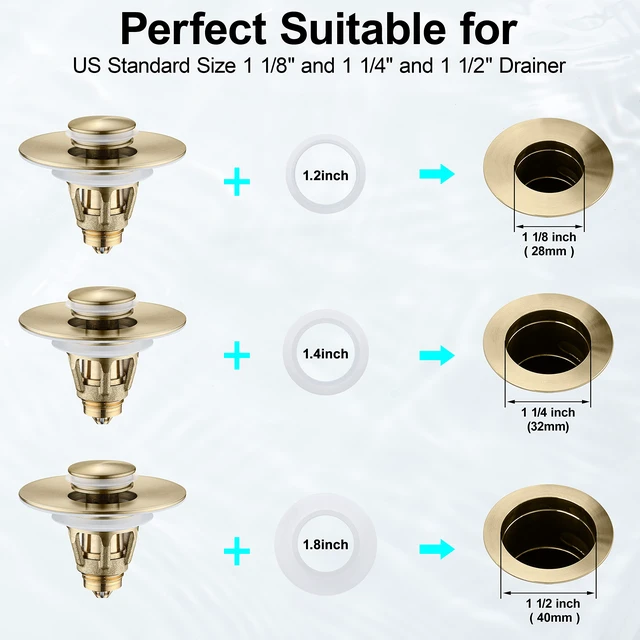 Alt view image 2 of 7 - Universal Bathroom Sink Stopper - Bounce Wash Basin Drain Filter, Stainless Steel Pop Up Drain Stopper, Bullet Core Push Type Sink Stopper, Sink Drain Plug with Anti-Clogging Strainer, Brushed Gold1