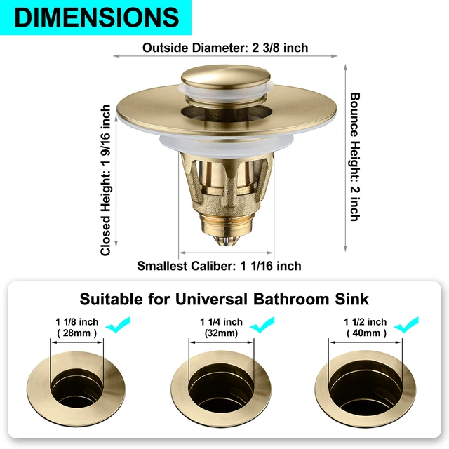 Alt view image 3 of 7 - Universal Bathroom Sink Stopper - Bounce Wash Basin Drain Filter, Stainless Steel Pop Up Drain Stopper, Bullet Core Push Type Sink Stopper, Sink Drain Plug with Anti-Clogging Strainer, Brushed Gold1