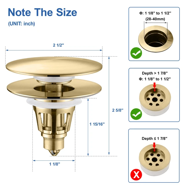 Alt view image 2 of 7 - Universal Bathroom Sink Stopper - Pop Up Sink Drain Stopper, Push Button Flixfilter Sink Drain Stopper Replacement, Wash Basin Drain Filter Plug Anti-Clogging Basket, Brushed Gold