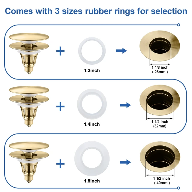 Alt view image 3 of 7 - Universal Bathroom Sink Stopper - Pop Up Sink Drain Stopper, Push Button Flixfilter Sink Drain Stopper Replacement, Wash Basin Drain Filter Plug Anti-Clogging Basket, Brushed Gold