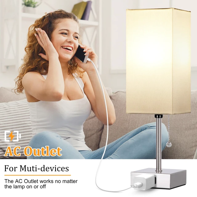 Alt view image 7 of 7 - Touch Control Bedside Lamp, 3 Way Dimmable Nightstand Lamp with 2 USB Ports & AC Outlet, Modern Style, White Fabric Shade
