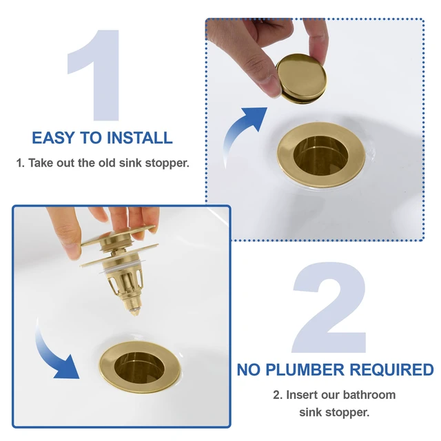 Alt view image 5 of 7 - Universal Bathroom Sink Stopper - Pop Up Sink Drain Stopper, Push Button Flixfilter Sink Drain Stopper Replacement, Wash Basin Drain Filter Plug Anti-Clogging Basket, Brushed Gold