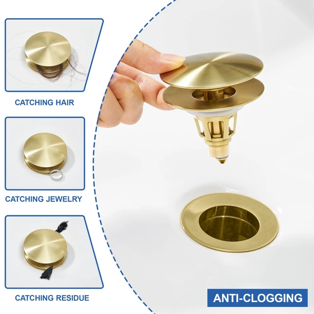 Alt view image 6 of 7 - Universal Bathroom Sink Stopper - Pop Up Sink Drain Stopper, Push Button Flixfilter Sink Drain Stopper Replacement, Wash Basin Drain Filter Plug Anti-Clogging Basket, Brushed Gold