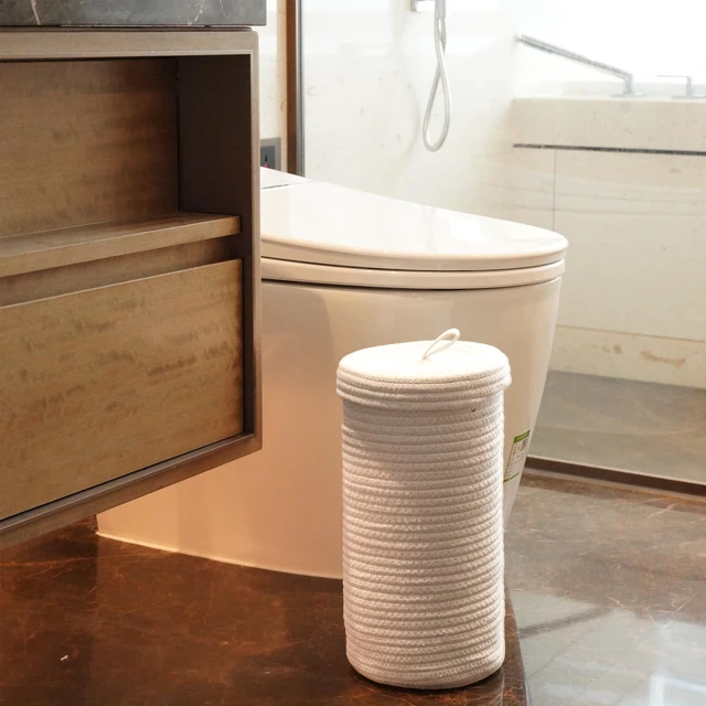 Alt view image 3 of 6 - Toilet Paper Holder Handmade Woven Cotton Toilet Paper Stand & Storage Basket with Lid, Freestanding Organizer for Bathroom, Fits 3 Mega Rolls Gradient Brown 14'' x 7''