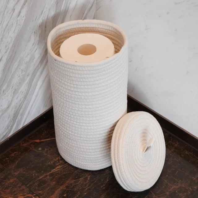Alt view image 4 of 6 - Toilet Paper Holder Handmade Woven Cotton Toilet Paper Stand & Storage Basket with Lid, Freestanding Organizer for Bathroom, Fits 3 Mega Rolls Gradient Brown 14'' x 7''