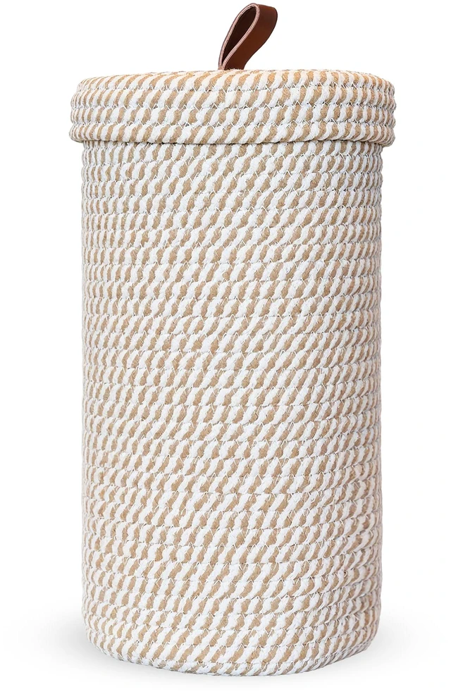 Main image of Toilet Paper Holder Handmade Woven Cotton Toilet Paper Stand & Storage Basket with Lid, Freestanding Organizer for Bathroom, Fits 3 Mega Rolls Gradient Brown 14'' x 7''