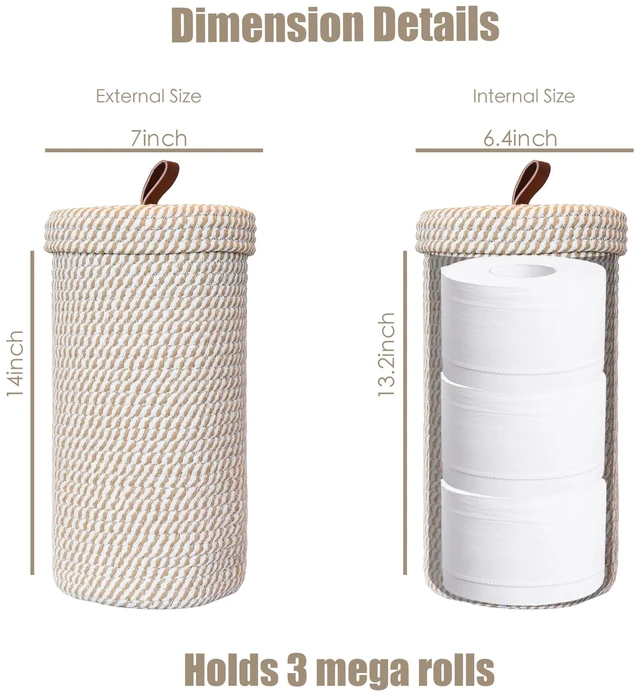 Alt view image 2 of 6 - Toilet Paper Holder Handmade Woven Cotton Toilet Paper Stand & Storage Basket with Lid, Freestanding Organizer for Bathroom, Fits 3 Mega Rolls Gradient Brown 14'' x 7''