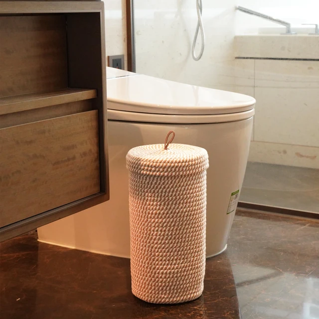 Alt view image 3 of 6 - Toilet Paper Holder Handmade Woven Cotton Toilet Paper Stand & Storage Basket with Lid, Freestanding Organizer for Bathroom, Fits 3 Mega Rolls Gradient Brown 14'' x 7''