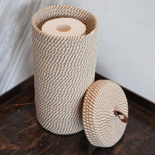 Alt view image 4 of 6 - Toilet Paper Holder Handmade Woven Cotton Toilet Paper Stand & Storage Basket with Lid, Freestanding Organizer for Bathroom, Fits 3 Mega Rolls Gradient Brown 14'' x 7''