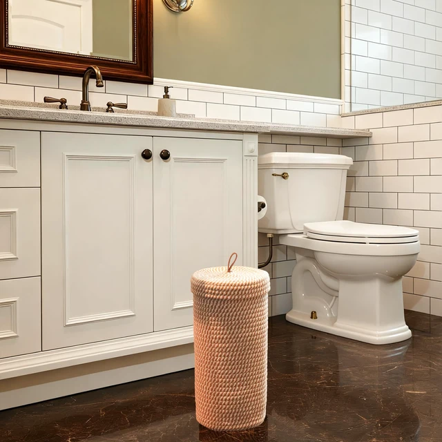 Alt view image 5 of 6 - Toilet Paper Holder Handmade Woven Cotton Toilet Paper Stand & Storage Basket with Lid, Freestanding Organizer for Bathroom, Fits 3 Mega Rolls Gradient Brown 14'' x 7''