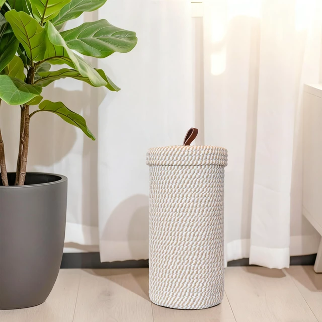 Alt view image 6 of 6 - Toilet Paper Holder Handmade Woven Cotton Toilet Paper Stand & Storage Basket with Lid, Freestanding Organizer for Bathroom, Fits 3 Mega Rolls Gradient Brown 14'' x 7''