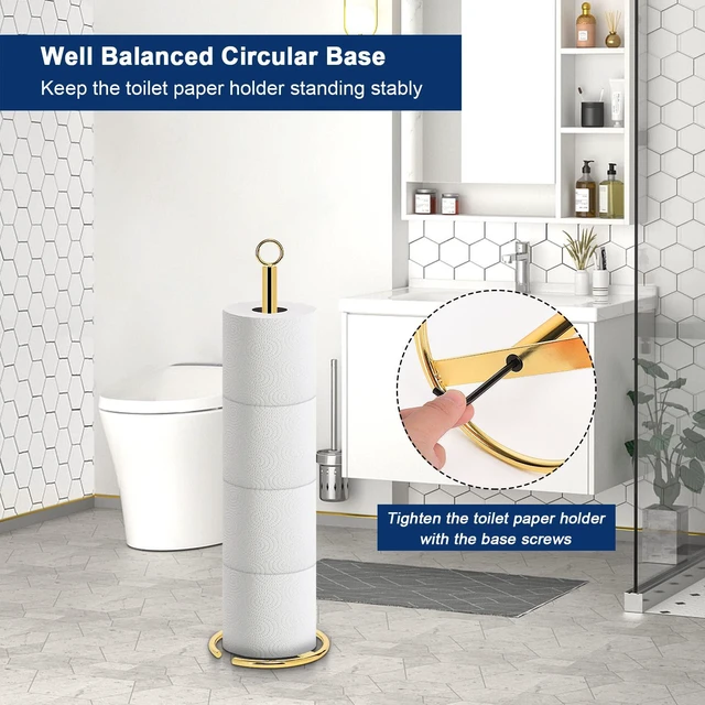 Alt view image 5 of 7 - Bath Toilet Paper Holder Stand, Freestanding Tissue Paper Storage with Reserve, Space Toilet 4 Rolls Holder for Bathroom/Kitchen Countertop-All Metal (1 Pack, Chrome Gold)