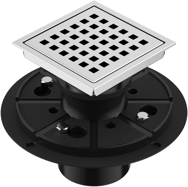 Main image of Square Shower Drain 4-3/8 Inch Chrome with ABS Flange Stainless Steel, Anti-Clog, Removable Grid Grate Hair Catcher, for Modern Bathroom Remodel Curbless Shower