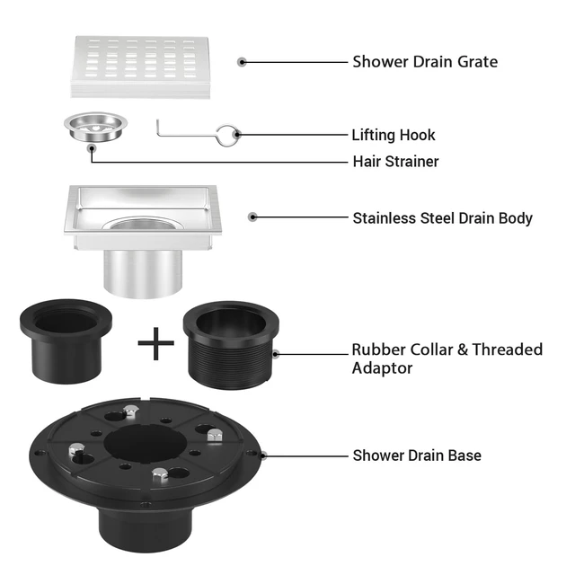 Alt view image 3 of 6 - Square Shower Drain 4-3/8 Inch Chrome with ABS Flange Stainless Steel, Anti-Clog, Removable Grid Grate Hair Catcher, for Modern Bathroom Remodel Curbless Shower