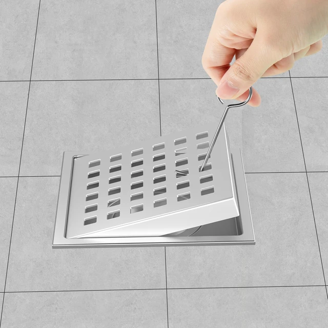 Alt view image 4 of 6 - Square Shower Drain 4-3/8 Inch Chrome with ABS Flange Stainless Steel, Anti-Clog, Removable Grid Grate Hair Catcher, for Modern Bathroom Remodel Curbless Shower