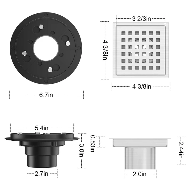 Alt view image 2 of 6 - Square Shower Drain 4-3/8 Inch Brushed Nickel with ABS Flange Stainless Steel, Anti-Clog, Removable Grid Grate and Hair Catcher, for Modern Bathroom Remodel Curbless Shower
