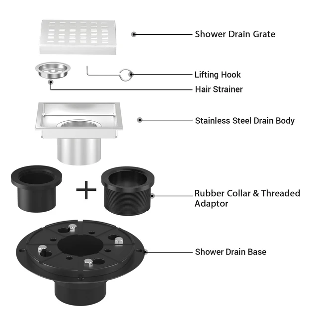 Alt view image 3 of 6 - Square Shower Drain 4-3/8 Inch Brushed Nickel with ABS Flange Stainless Steel, Anti-Clog, Removable Grid Grate and Hair Catcher, for Modern Bathroom Remodel Curbless Shower