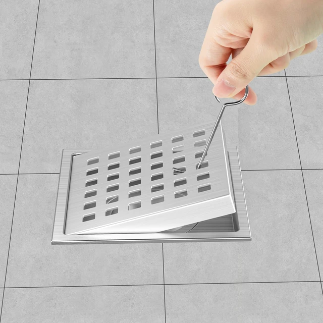 Alt view image 4 of 6 - Square Shower Drain 4-3/8 Inch Brushed Nickel with ABS Flange Stainless Steel, Anti-Clog, Removable Grid Grate and Hair Catcher, for Modern Bathroom Remodel Curbless Shower