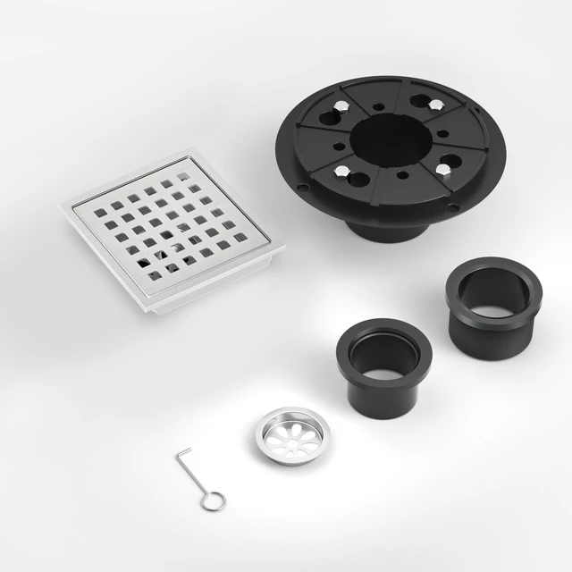 Alt view image 6 of 6 - Square Shower Drain 4-3/8 Inch Brushed Nickel with ABS Flange Stainless Steel, Anti-Clog, Removable Grid Grate and Hair Catcher, for Modern Bathroom Remodel Curbless Shower