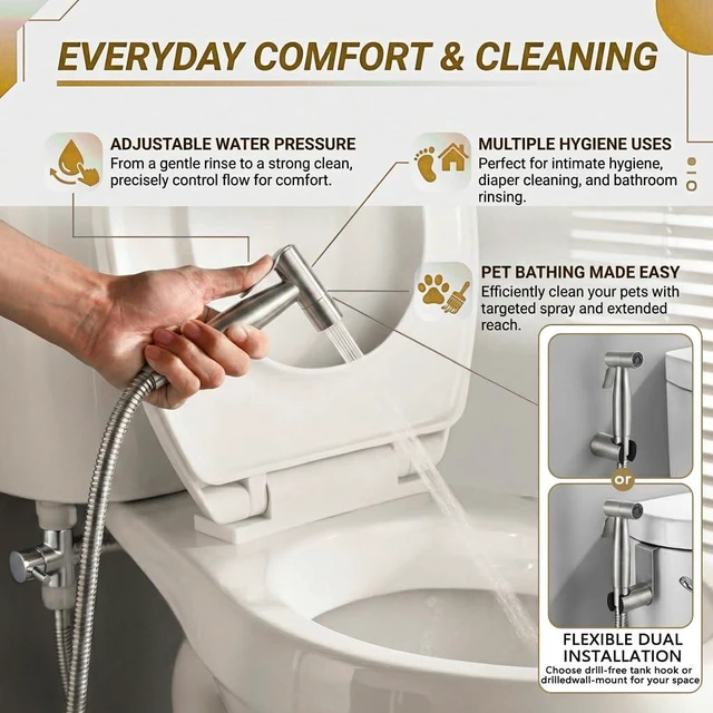 Alt view image 2 of 7 - Handheld Bidet Sprayer for Toilet, Stainless Steel Metal Made Baby Cloth Diaper Spraying Kit, Bathroom Toilet Bidet Attachment Set for Bathing Pets and Feminine Hygiene, Brushed Nickel