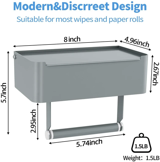 Alt view image 2 of 7 - Toilet Paper Holder, Toilet Paper Holder with Shelf, Grey Wall Mount, SUS304 Stainless Steel, Flushable Wipes Dispenser, Easy Installation, for Bathroom Wipe Storage