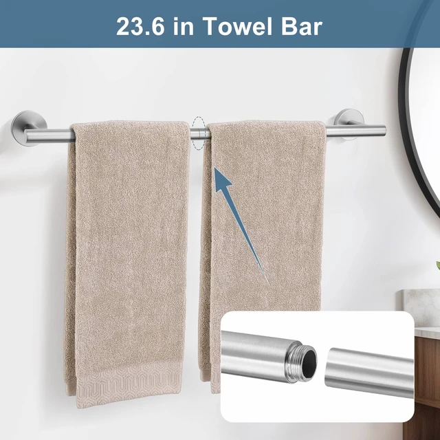 Alt view image 3 of 7 - Brushed Nickel Bathroom Hardware Accessories Set, 5 Pieces Round Towel Bar Set Toilet Paper Holder Towel Rail Set for Bathroom Stainless Steel Wall Mounted Bathroom Set,23.6 in