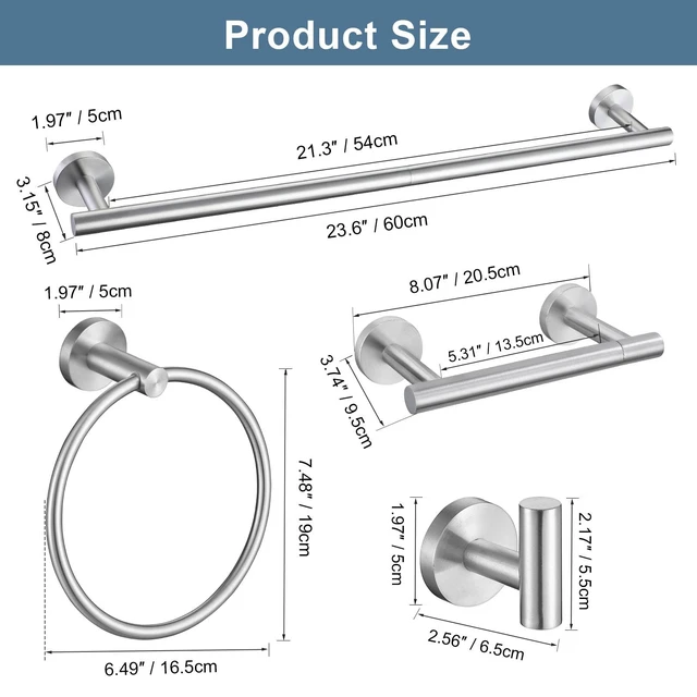Alt view image 6 of 7 - Brushed Nickel Bathroom Hardware Accessories Set, 5 Pieces Round Towel Bar Set Toilet Paper Holder Towel Rail Set for Bathroom Stainless Steel Wall Mounted Bathroom Set,23.6 in