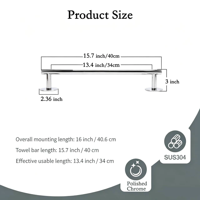 Alt view image 4 of 7 - Self Adhesive Towel Bar,16" Chrome No Drill Bathroom 304SS Heavy Duty Towel Rack