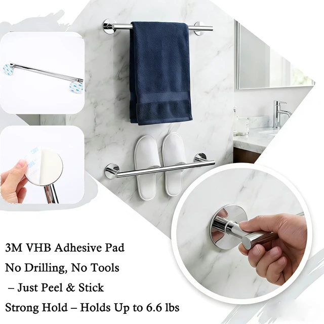Alt view image 3 of 7 - Self Adhesive Towel Bar,16" Chrome No Drill Bathroom 304SS Heavy Duty Towel Rack