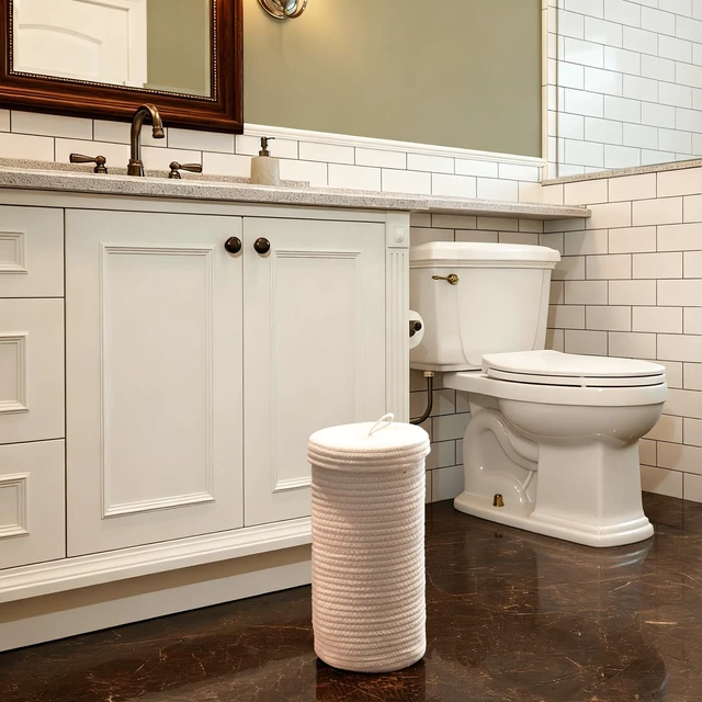 Alt view image 5 of 6 - Toilet Paper Holder Handmade Woven Cotton Toilet Paper Stand & Storage Basket with Lid, Freestanding Organizer for Bathroom, Fits 3 Mega Rolls Gradient Brown 14'' x 7''
