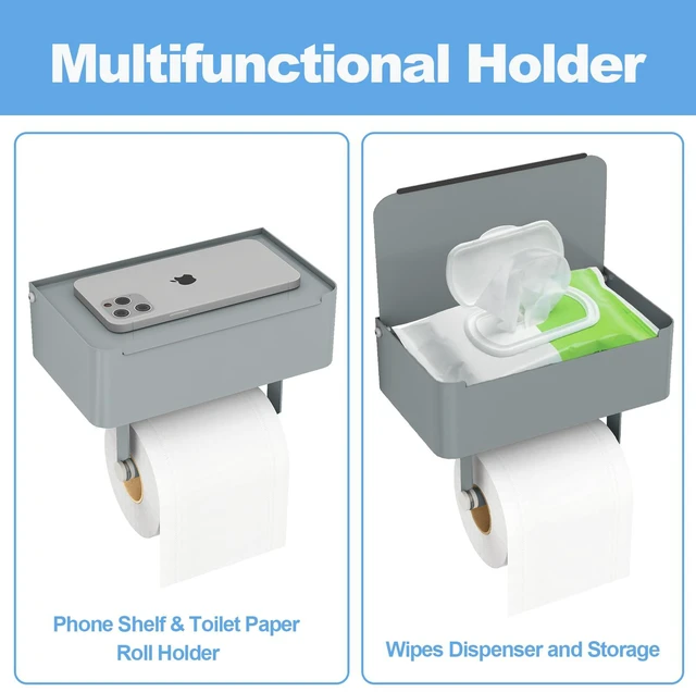 Alt view image 3 of 7 - Toilet Paper Holder, Toilet Paper Holder with Shelf, Grey Wall Mount, SUS304 Stainless Steel, Flushable Wipes Dispenser, Easy Installation, for Bathroom Wipe Storage