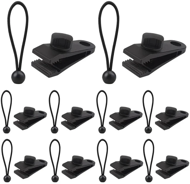 Main image of 10 Sets of Bungee Balls and Tarp Clips Black 6 Inches Ball Bungee Cord Heavy Duty Lock Grip Clamps Shark Fasteners Holder for Camping Tents Cargo Pool Awning Car Cover Holding Wire Hoses