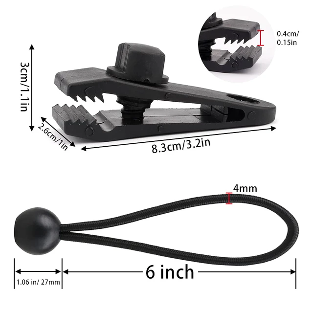 Alt view image 7 of 7 - 10 Sets of Bungee Balls and Tarp Clips Black 6 Inches Ball Bungee Cord Heavy Duty Lock Grip Clamps Shark Fasteners Holder for Camping Tents Cargo Pool Awning Car Cover Holding Wire Hoses