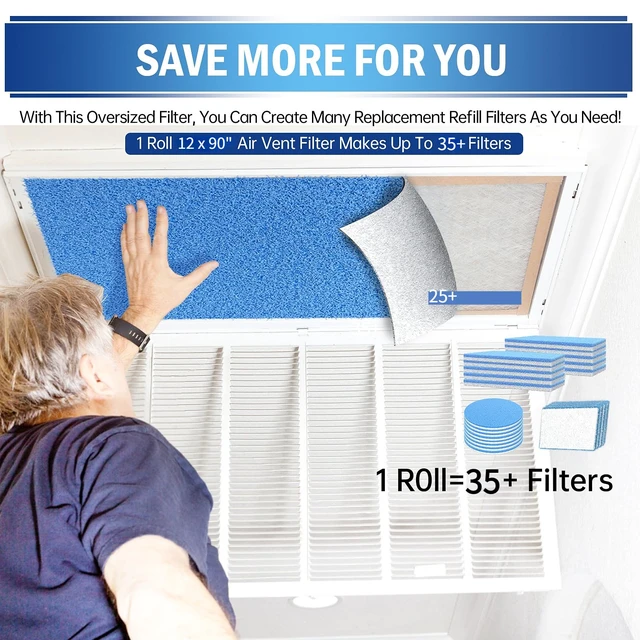 Alt view image 5 of 6 - Air Vent Filters, 12" x 90" Cut to Size Air Filter Material (35+ Filters), MERV 8 Triple Vent Filter Kit for Home Floor, Grilles, Ceiling, HVAC Furnace Vent, With 48PCs Adhesive Hook Tape