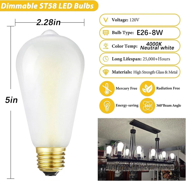 Alt view image 2 of 7 - Dimmable E26 LED Bulbs, 75W Frosted Edison Bulb,4000K Neutral White 8W light bulb Equal 75 watt Vintage Edison Bulb, ST58 Frosted Edison Bulbs with 90+ CRI,850LM,AC120V,6Pack