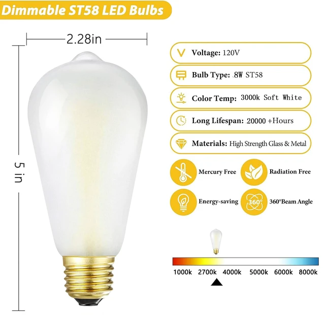 Alt view image 2 of 7 - Frosted E26 Edison Bulbs 8W LED Bulb, Dimmable 3000K Soft White Light Bulb 8W Frosted Light Bulb Equal 75 watt Vintage Edison Bulb,ST58 Antique LED Filament Bulb with 90+ CRI,850LM,AC120V,6Pack