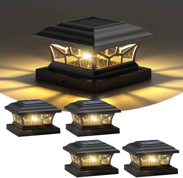 Main image of 4 Pack Solar Post Cap Lights Outdoor Waterproof, Dual Light, Black Fits 4x4, 5x5, 6x6 Wooden & Vinyl Posts,Warm & Cool White Light Modes, Fence Deck Post Lights,Edison-style bulb