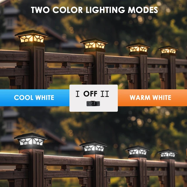 Alt view image 3 of 7 - 4 Pack Solar Post Cap Lights Outdoor Waterproof, Dual Light, Black Fits 4x4, 5x5, 6x6 Wooden & Vinyl Posts,Warm & Cool White Light Modes, Fence Deck Post Lights,Edison-style bulb