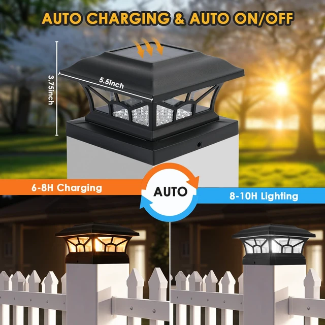 Alt view image 4 of 7 - 4 Pack Solar Post Cap Lights Outdoor Waterproof, Dual Light, Black Fits 4x4, 5x5, 6x6 Wooden & Vinyl Posts,Warm & Cool White Light Modes, Fence Deck Post Lights,Edison-style bulb
