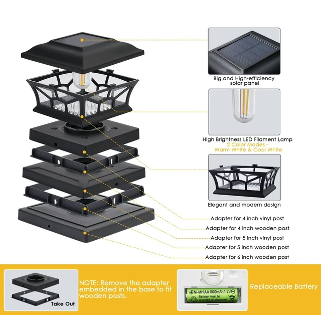 Alt view image 5 of 7 - 4 Pack Solar Post Cap Lights Outdoor Waterproof, Dual Light, Black Fits 4x4, 5x5, 6x6 Wooden & Vinyl Posts,Warm & Cool White Light Modes, Fence Deck Post Lights,Edison-style bulb