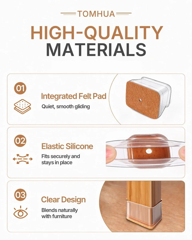 Alt view image 6 of 6 - Chair Leg Floor Protectors Rectangle Caps Covers Furniture Pads 24Pcs Clear Silicone Felt Chair Sliders for Hardwood Floors Protect the Floor from Scratches(Fit:L 1.5"-2",W 0.75"-1")
